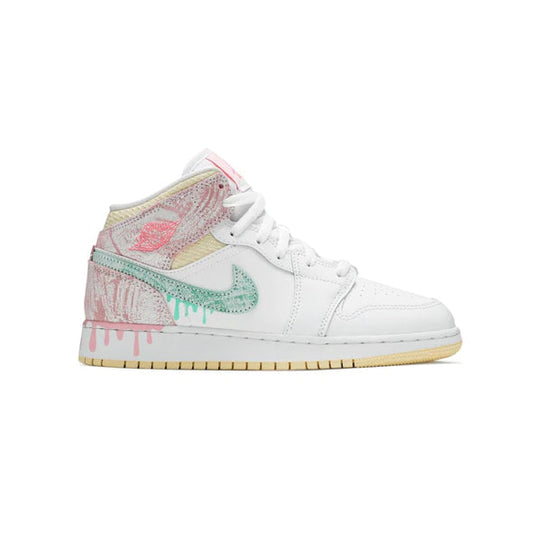 Nike Air Jordan 1 Mid Paint Drip Vit Rosa Grön Pastell Sneakers Barn