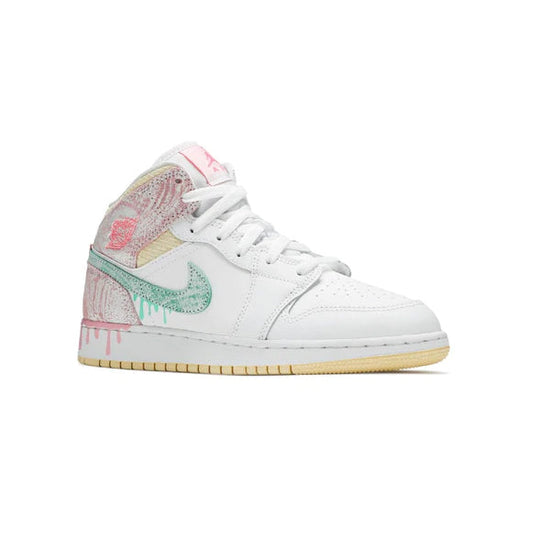 Nike Air Jordan 1 Mid Paint Drip Vit Rosa Grön Pastell Sneakers Barn