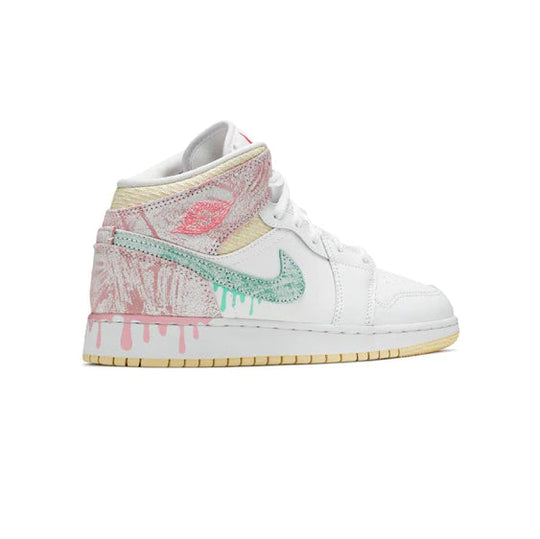 Nike Air Jordan 1 Mid Paint Drip Vit Rosa Grön Pastell Sneakers Barn