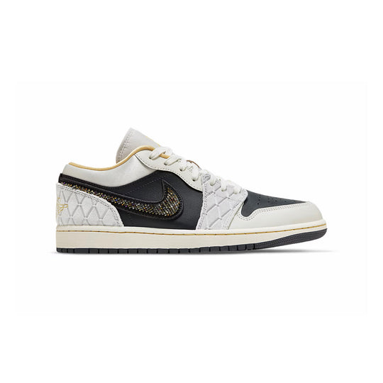 Nike Air Jordan 1 Low Beaded Swoosh Svart Vit Broderad Sneakers Herr